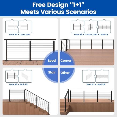 Muzata Size  10-15FT Modular Black Cable Railing Kit 36 Inch 3 Stair Post Kit Complete Set Cable Railing System for Stairs Length Adjustable Easy DIY with Paper User Guide (No Handrail) RWS1 BA4S