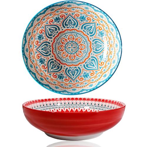 10 Inch Large Serving Bowls, 78 Oz Bohemian Style Salad Bowl, Colorful Red Blue Ceramic Bowl Set of 2, Decorative Serving Dishes for Entertaining, Vibrant Fruit Pasta Soup Bowl Dining Essentials