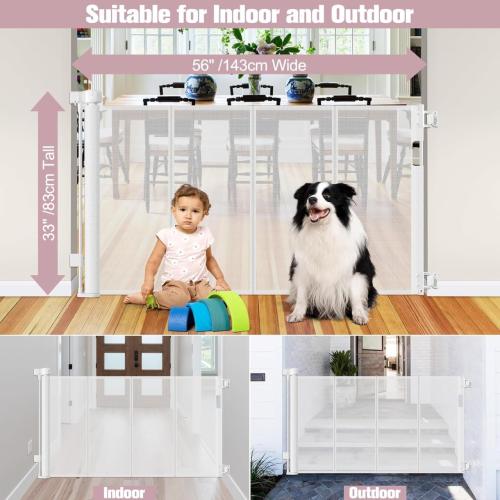 56 Inch Wide Retractable Dog Gate with Reinforced Strip, Retractable Baby Gate for Stairs to Prevent Crawling Under, Retractable Pet Gate for Stairs, Dog Gates for Doorways Mesh Gate for Pets, White