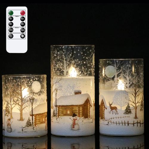 DRomance Snowman Glass Flameless Candles Battery Operated with Remote and Timer Real Wax LED Flickering Pillar Candles White Cold Light Window Christmas Holiday Decor D3 x 4,5,6
