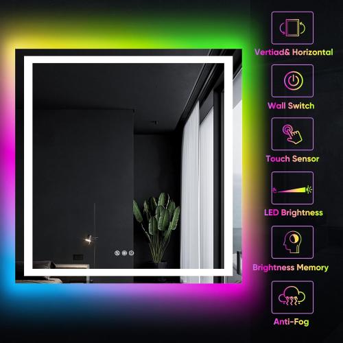 36x36 Inch RGB LED Bathroom Mirror Front Light LED Bathroom Mirror with 3 Colors, Vanity Mirror with Lights, Anti-Fog Wall Mounted, Dimmable Touch Switch Control, Memory Front and Backlit Smart Mirror