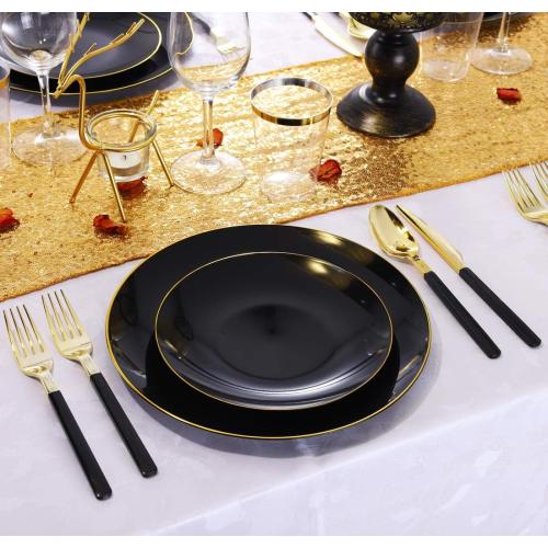 Nervure 100 Pieces Black Plastic Plates - 7.5inch Black Dessert Plates - Disposable Gold Plastic Plate - Disposable Plate Ideal for Wedding & Father's Day & New Year