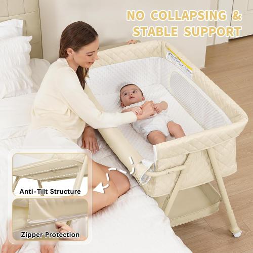 Baby Crib, Baby Bassinets Bedside Sleeper with Breathable Mesh & Mattress, Easy Move Crib for Newborns with Lockable Wheels, 4-Adjustable Height Bedside Bassinet (Beige)