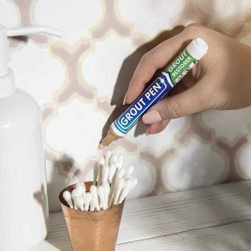 Grout Pen Beige Tile Paint Marker: Waterproof Grout Paint, Tile Grout Colorant and Sealer Pen - Narrow 5mm, 2 Pack with Extra Tips (7mL) - Beige