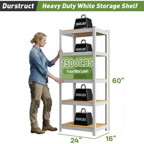 Durstruct 5 Tier White Metal Shelving Unit 1500LBS 24 W×16 D×60 H | Adjustable Storage Utility Rack Heavy Duty Shelves Organization Multipurpose Shelf for Pantry Closet Kitchen Garage Bathroom