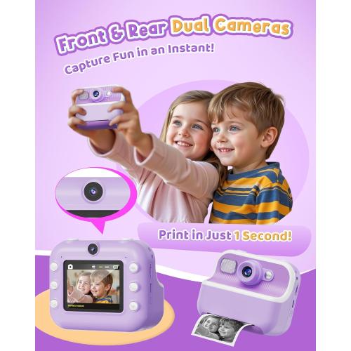 Instant Camera, Front Rear Dual Selfie Kids Camera with 1080P Videos, Holiday Birthday Gifts for Kids Age 3-12, Toddler Portable Travel Print Digital Camera Toy for 4 5 6 7 8 9 Year Boys Girls