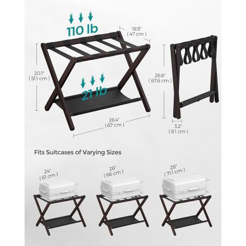 SONGMICS Luggage Rack, Set of 2, Folding Suitcase Stand with Storage Shelf, for Guest Room, Hotel, Bedroom, Heavy-Duty, Holds up to 131 lb, Chestnut Brown URLR007R02
