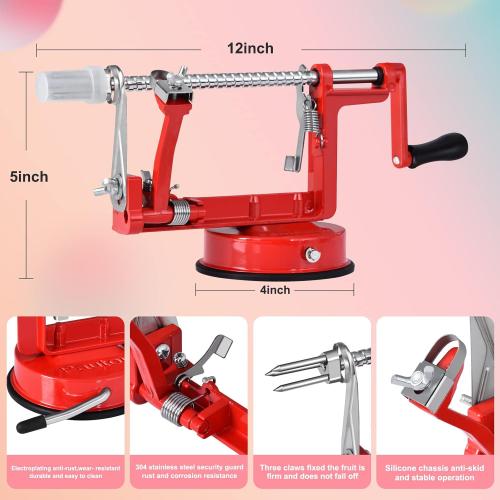 Apple Peeler, Slicer Corer Potato Peelers 3 In 1, Stainless Steel Heavy Duty with Suction Cup Base And 3 Extra Blades (Red)