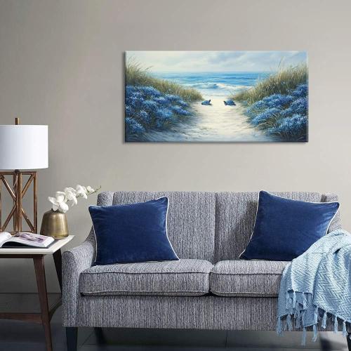 LASMOND Romantic Beach Wall Art for Living Room Blue Sea Turtle Lovers Canvas Painting Prints Ocean Sandy Romance Flowers Large Bedroom Office Decor Artwork (40x20 Inches)