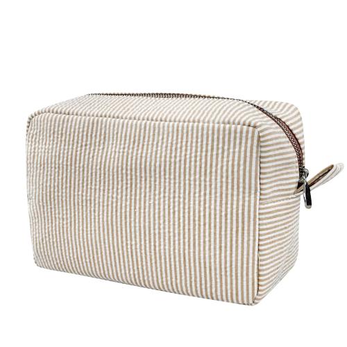 GFU Cosmetic Bags for Women, Seersucker Cosmetic Bag, Travel Toiletry Stripe Makeup Bag, Large Women Aesthetic Organizer Storage Pouch, Girls Handbags Purses, brown/white