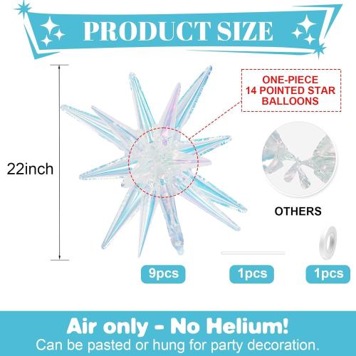 Iridescent Star Balloons,9Pcs 22Inch Iridescent Clear Explosion Spike Cone Helium Polyester Film Star Foil Balloons for Birthday Anniversary Baby Shower Wedding Disco Party Decorations
