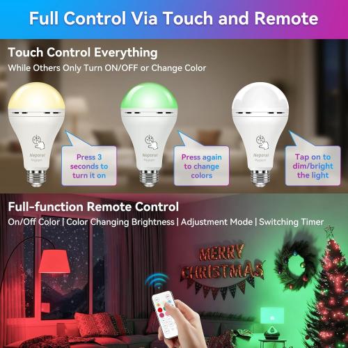Neporal MagixPro RGB Remote Rechargeable Light Bulbs, Dual Recharge (USB & Socket Charging), Color Changing Dimmable LED Bulb, No Outlet Needed, Touch   Remote Control, Non Electric Lighting, 2 Pack