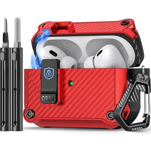 Compatible with AirPods Pro 2nd/1st Case,Magnetic Automatic Lock with Cleaning Kit,Compatible with Magsafe,Carbon Fiber Texture Cover -Red