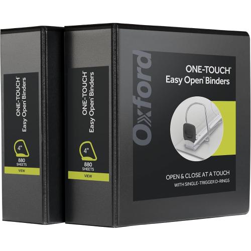 Oxford 3 Ring Binders, Binders for School and Office, Durable 4 Inch, ONE-Touch Easy Open D Rings, View Binder Covers, 4 Interior Pockets, PVC-Free, Holds 880 Sheets, Black, 2 Pack (79920)