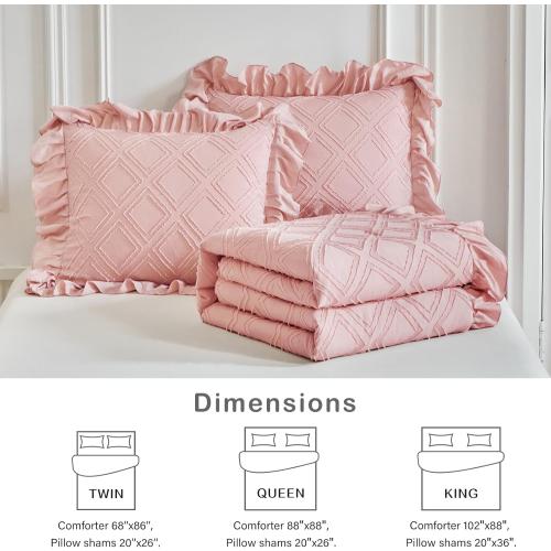 Tufted Ruffle Comforter Set Twin Size, Blush Pink Ruffled Farmhouse Comforters, Luxury Solid Soft and Embroidery Shabby Chic Boho Bohemian Bedding Set for Girls