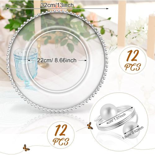 Tioncy 12 Set Clear Charger Plates Bulk Beaded Plastic Charger Plates 13 Inch, Napkin Rings, Acrylic Round Dinner Table Decorative Plate for Wedding Party Event (Clear and Silver)