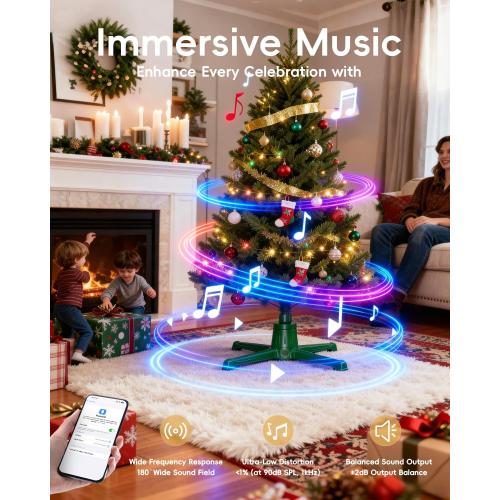 Musical Rotating Christmas Tree Stand with Memory Function, Built-in 6 Outlets 800W, Anti-tilt Noiseless 360 Degree Spinning Stand with Remote and Speaker, Up to 9ft 120 lb Artificial Trees