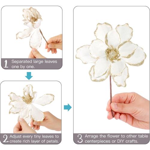 Sggvecsy 10Pcs Christmas Glitter Flowers Christmas Tree Ornaments Artificial Poinsettia Flower Velvet Magnolia Stems Floral Picks for Xmas Wedding DIY Crafts Wreath Party Floral Decorations (White)