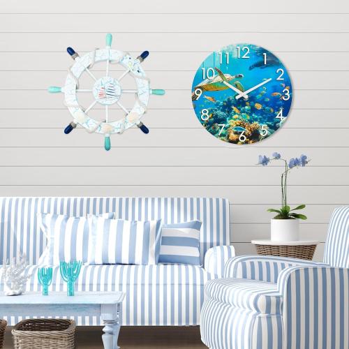 Crosstime 16 Inch Large Outdoor Wall Clock Waterproof - Sea Turtle & Coral Reef Ocean Life Theme, Tempered Glass Face - Silent Coastal Decor Clock for Outside Patio, Poolside, Garden, Beach House