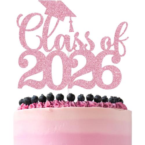 Black Glitter Class of 2026 Cake Topper, Congrats Grad 2026/Congrats Class of 2026/Congratulations, 2026 Graduation Party Decorations Supplies (2026, Pink)