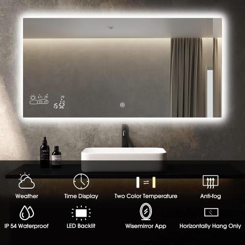 BYECOLD 48”x24” Smart Bathroom Mirror Wi-Fi Enabled Weather Display, Anti-Fog LED Light Vanity Mirror Backlit Frameless Lighted Touch Sensor Makeup for Wall - Horizontally Hang Only