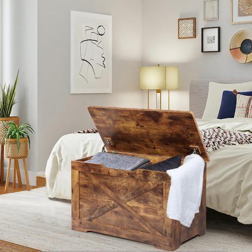 Brown 15.7 x 31.5 x 18.9 Storage Chest, Wooden Storage Bench, Entryway Shoes Bench with 2 Safety Hinges, Retro Storage Trunk for Living Room, Bedroom, 15.7 x 31.5 x 18.9 Inches, Rustic Brown