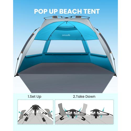 OutdoorMaster Beach Tent for 3-4 Person - Easy Setup and Portable Beach Shade Sun Shelter Canopy with UPF 50  UV Protection Removable Skylight Family Size