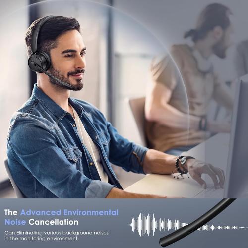 Mopchnic Wireless Headset with Noise Cancelling Microphone, On-Ear Bluetooth Headset with USB Dongle, Mute Function & Charging Base, Wireless Headphones for Work from Home and Call Center (Black)