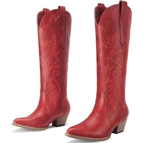 Rollda Cowboy Boots for Women Size 8 Red Cowgirl Boots Embroidered Knee-High Western Boots Pointy Toe with Chunky Heel