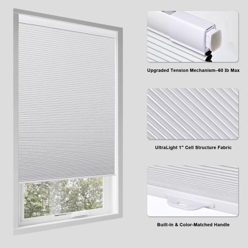 WHITE No Drill Cellular Shades for Indoor Windows, Thermal Insulating & Noise Reducing Honeycomb Blinds, Free Stop Cordless Blackout Shades, White, 25 1/2 W x 64 H