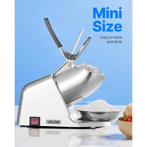 VEVOR Ice Crusher Machine, 143lbs Per Hour Electric 2 Blades Snow Cone Maker, Stainless Steel Shaved Ice Machine with Bowl and Cover, 300W 2000RPM Ice-Shaver for Home and Commercial Use, Silver