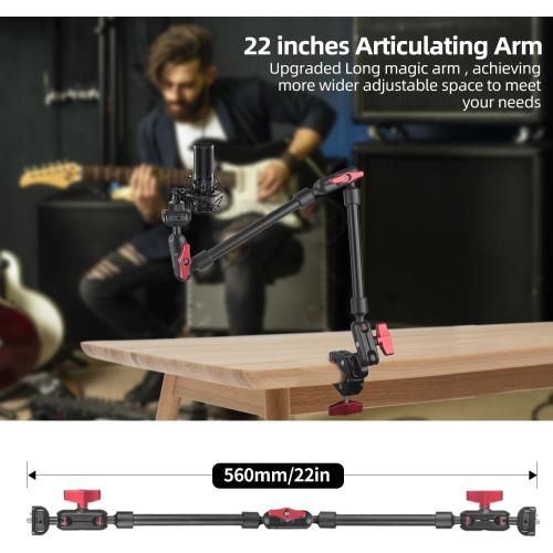 HEMMOTOP 22in Magic Arm with Clamp, Long Articulating Arm Camera Mount, Adjustable Phone Mount Holder 360° Rotation, Mic Arm for Microphone, LED Lights, for iPhone, Tripod, Desk, Table