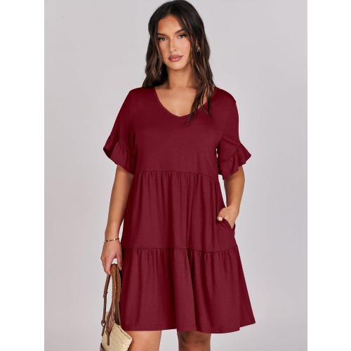 Size M ANRABESS Dresses for Women Summer 2026 V Neck Ruffle Sleeve A Line Tiered Flowy Casual Trendy Mini Beach Dress with Pockets
