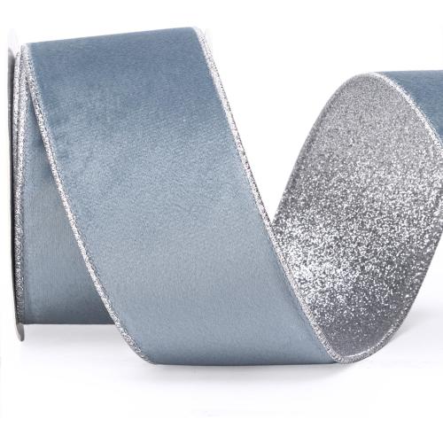 Ribbli Dusty Blue Velvet Wired Ribbon 2.5 Inch Dusty Blue Velvet with Silver Glitter Christmas Ribbon for Christmas Tree Decoration Big Bow Gift Wrapping Crafts Wreaths Supplies- 10 Yards