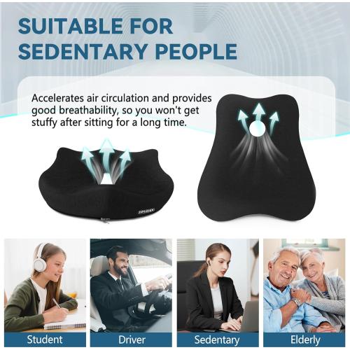 Seat Cushion & Lumbar Support Pillow Set for Office Chair, Ergonomic Pillow for Sciatica Pain Relief, Memory Foam Back Support Pillow & Chair Cushion for Gaming Chair and Travel (Black)