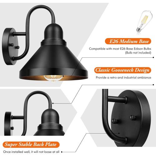 Brightever Gooseneck Outdoor Light Fixtures, 2-Pack Farmhouse Barn Lights for Porch, Industrial Black Exterior Wall Sconce for Garage, Patio, E26 Base Anti-Rust, Bulb not Included