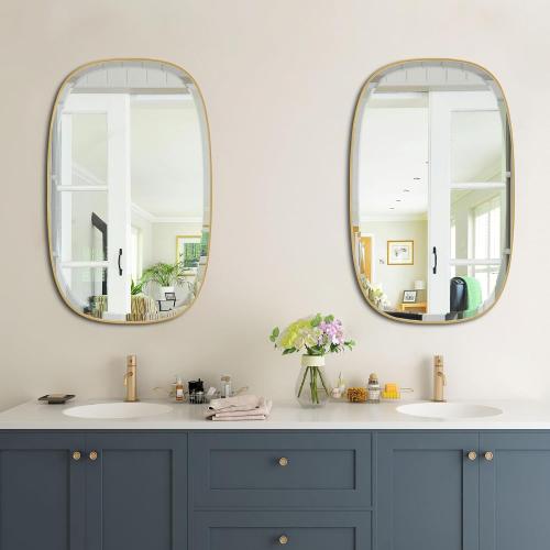 POZINO Brushed Gold Mirror, 20x30 Brass Beveled Mirrors for Bathroom, Rounded Rectangle Mirror, Modern Vanity Wall Mirrors in Premium Stainless Steel Frame Hangs Horizontal Or Vertical