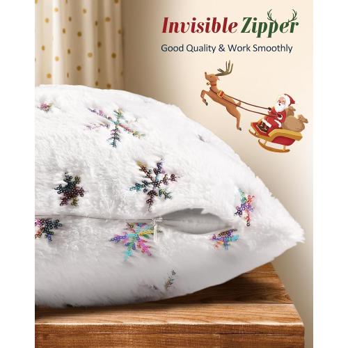 Christmas Pillow Covers 18x18 Inch - Set of 2 Embroidered White Christmas Throw Pillow Cases Soft Plush Faux Fur Snowflake Xmas Decorations Winter Holiday Decor for Home Bedroom Sofa