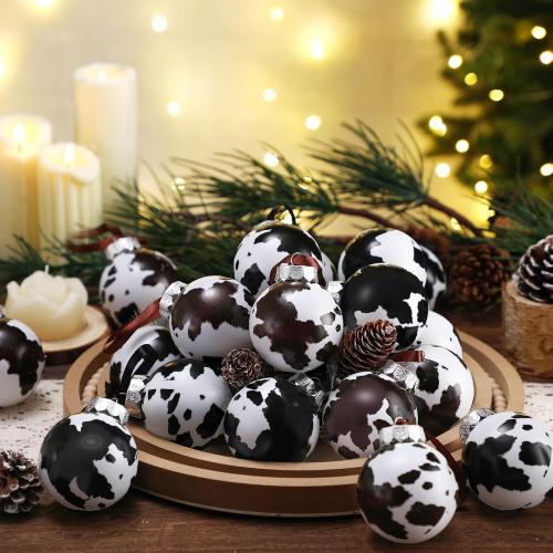 Syhood 24 Pcs Cowhide Printed Christmas Ball Ornaments 2.4 Inch Plastic Western Cow Ornaments Country Western Party Decorations Rustic Holiday Xmas Baubles for Tree Home Gift