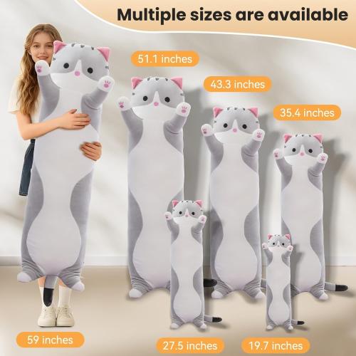 Cute Cat Plush Long Body Pillow – Soft Cartoon Stuffed Animal Doll, Kawaii Cat Plushie Valentines Day Gifts for Kids, Girls & Girlfriend (Gray, 19.7 Inch)