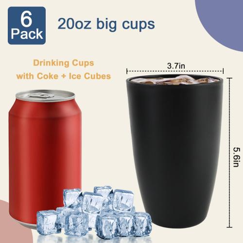 Wheat Straw Cups 20 OZ Set of 6, Unbreakable Drinking Cup Reusable, Alternative to Plastic Cups Reusable, Dishwasher Safe Drinking Glasses for Kitchen Water Tumblers (Black)