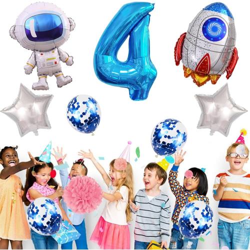 Astronaut Rocket 4th Birthday Party Balloons Jumbo Spaceman Birthday Balloons Outer Space Theme Foil Balloons 32 Inch Blue Number 4 Helium Balloon for Birthday Party