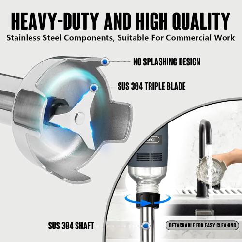 VONCI 500W Commercial Immersion Blender, 16 SUS 304 Removable Shaft, Heavy Duty Power Hand Mixer with Variable Speed 6000-20000RPM, Professional Electric Stick Blender for Restaurant Kitchen Use.