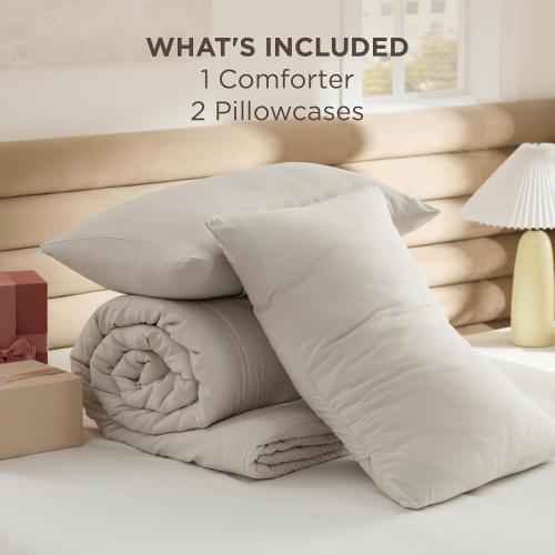 Bedsure Full Size Comforter Set, Beige Soft Prewashed Bedding for All Seasons, 3 Pieces GentleSoft™ Warm Down Alternative Bed Set, 1 Lightweight Comforter (82x86) and 2 Pillowcases (20x26)