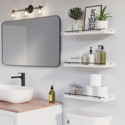 Set of 3 Color Black and White WOPITUES Floating Shelves with Black Metal Guardrail, Shelves for Wall Decor Set of 3, Wall Shelves for Bedroom, Bathroom, Kitchen, Living Room, Plants, Picture Frames, Art- Black and White