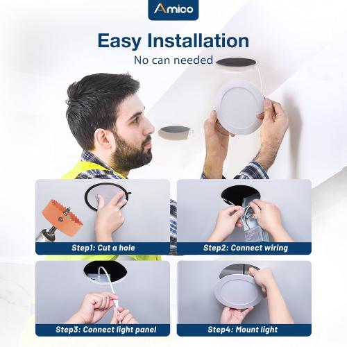 Amico  4 Inch 5CCT Ultra-Thin LED Recessed Dimmable Ceiling Light with Junction Box, 2700K/3000K/3500K/4000K/5000K Selectable, 10W Eqv 60W, 800 Lumens, High Brightness Downlight - ETL&FCC
