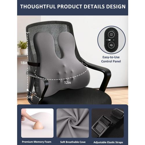 Lumbar Support Pillow for Office Chair,Heated Back Support Pillow with Vibration, Ergonomic Back Massage Pillow for Pain Relief, Memory Foam Lumbar Pillow for Car,Desk Chair,Gifts for Mom Dad