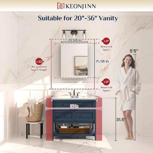 Keonjinn 20 x 26 Inch Medicine Cabinet for Bathroom, Silver Mirrored Medicine Cabinet, Assembly Required, Freely Adjustable Shelves, Tempered Glass, in Wall or Surface Mount