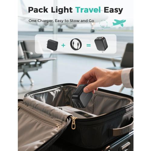 2-in-1 Retractable Wall Charger Plug with USB C Port and 27in/70cm Type C Cable,Travel Essentials 30W Fast Charging Foldable Block for iPhone 16/15/,iPad,Galaxy,Pixel-Black