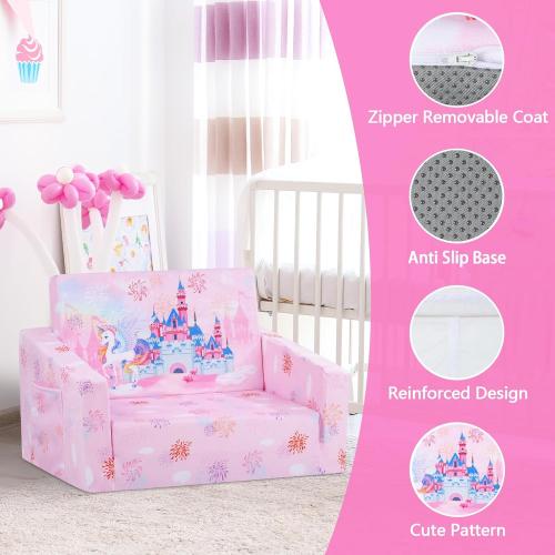 Pink 41L * 23.5W Foldable Kids Sofas Couch 2 in 1 Children Convertible Sofa to Lounger Flip Open Toddlers Sofa Bed